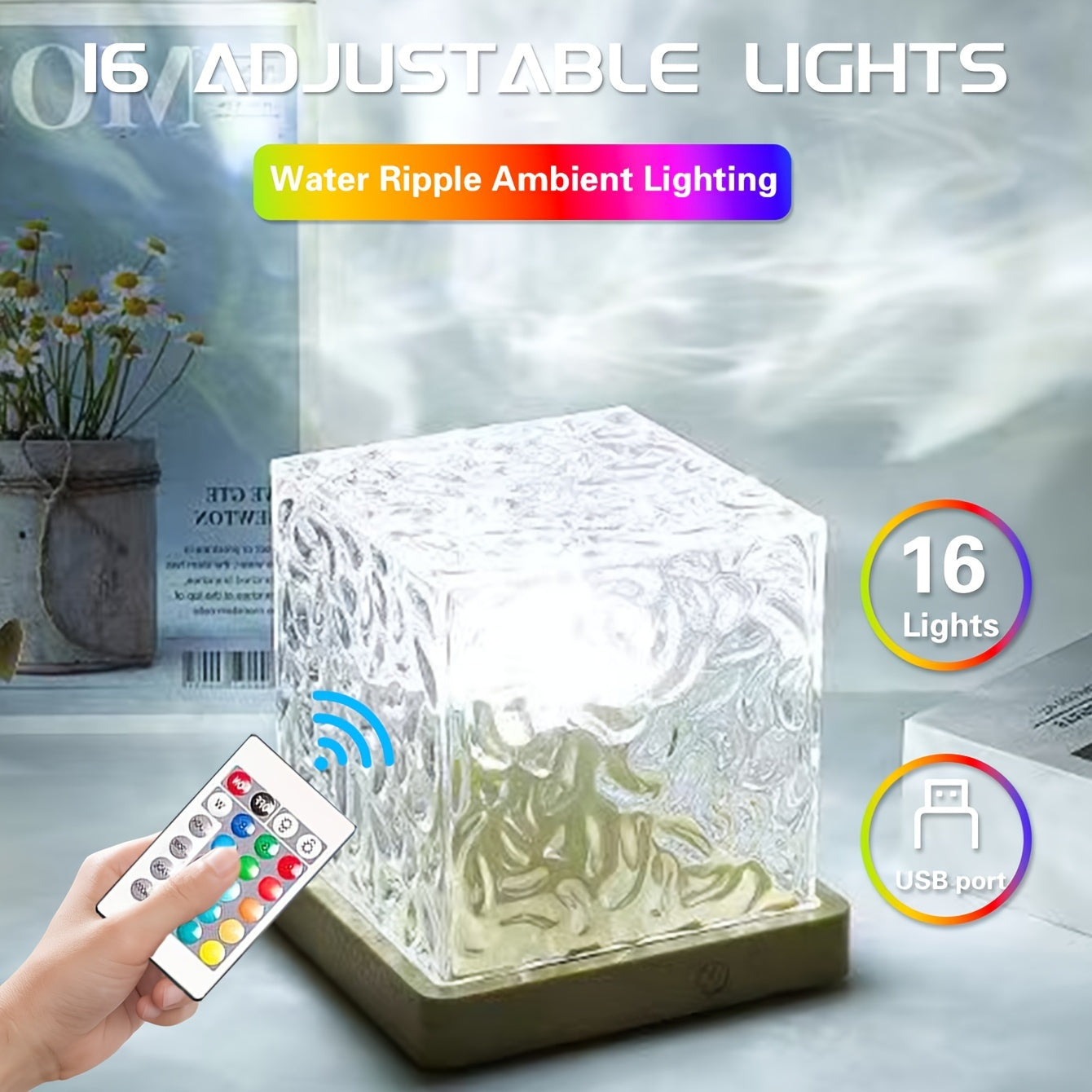 16-Color Water Ripple USB Night Light with Touch & Remote Control