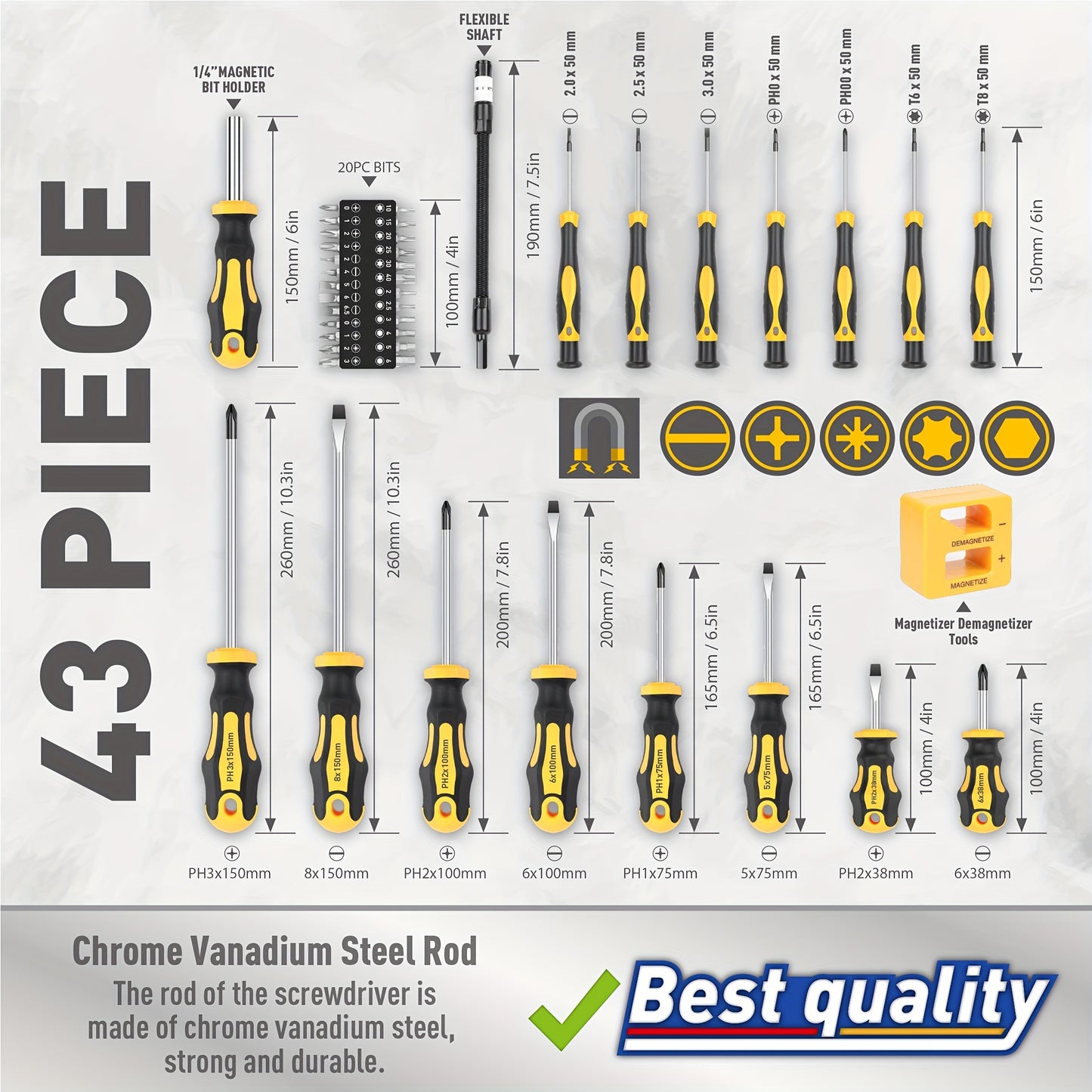 43pcs Magnetic Screwdriver Set With Slotted, Phillips, Hex, Torx And Precision Bits