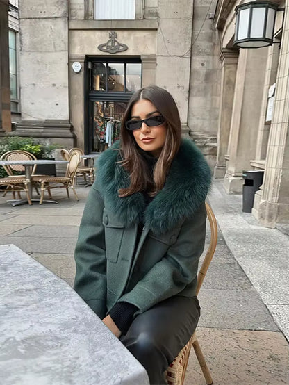 Green Autumn Winter Bomber Jacket for Women Vintage Faux Fur Collar Short Jacket 2024 New Single Breasted Loose Warm Outerwear