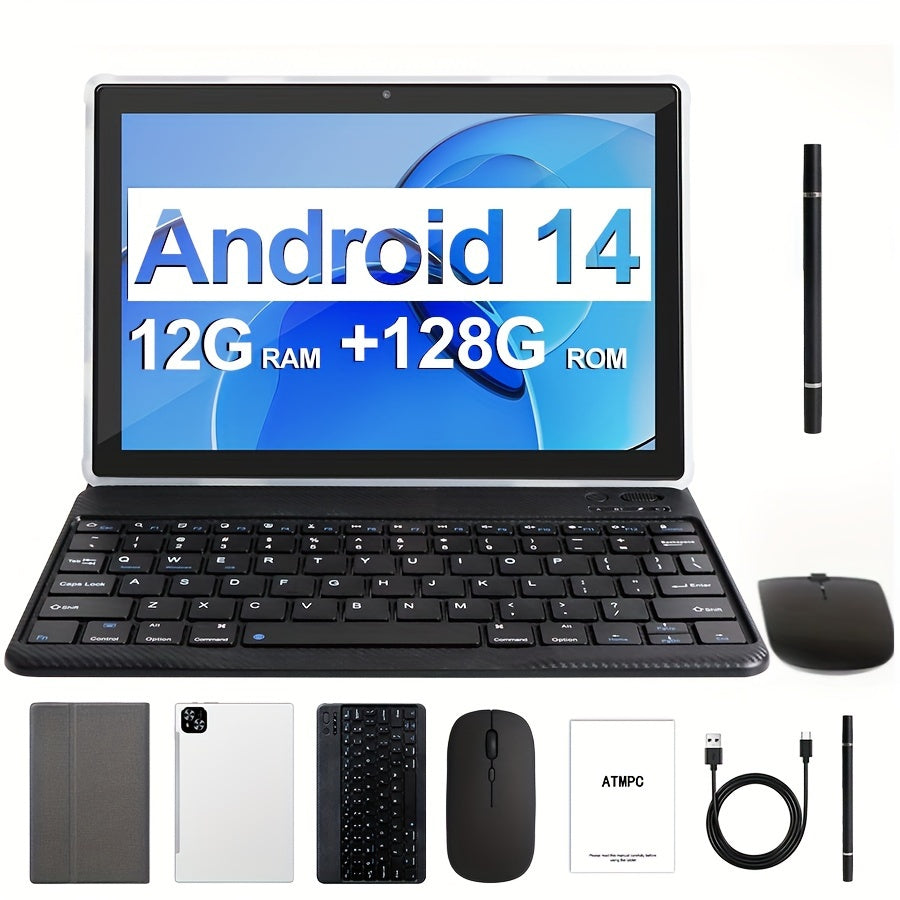 ATMPC 25.65cm for Android 14 Tablet - 2-in-1 with Keyboard, Mouse, Case & Stylus