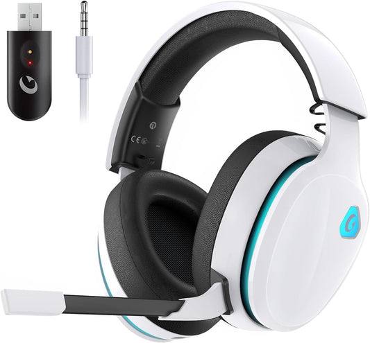 2.4Ghz Wireless Gaming Headset for PS5, PS4 Fortnite & Call of Duty/Fps Gamers, PC, Nintendo Switch, Bluetooth 5.3 Gaming Headphones with Noise Canceling Mic, Stereo Sound, 40+Hr Battery -White