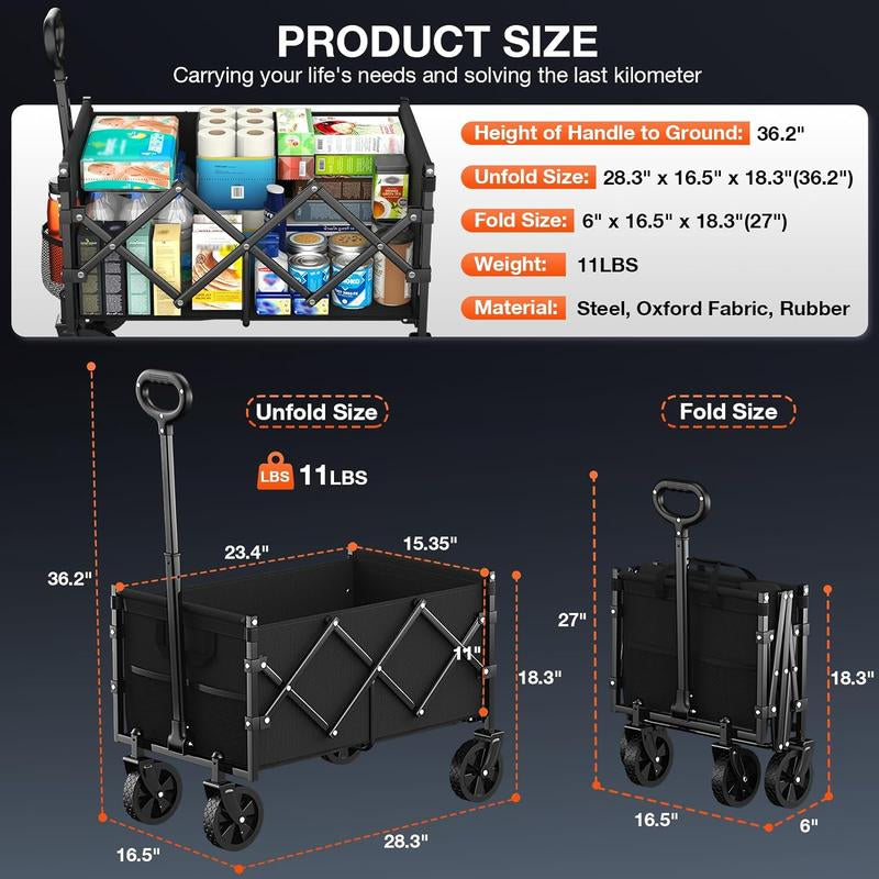 【NADONLI】2024 Foldable Wagon with Wheelsportable Heavy Duty Collapsible Beach Cart -Large Capacity Utility Wagon for Shopping,Sports,Camping,Garden, Grocery-Black