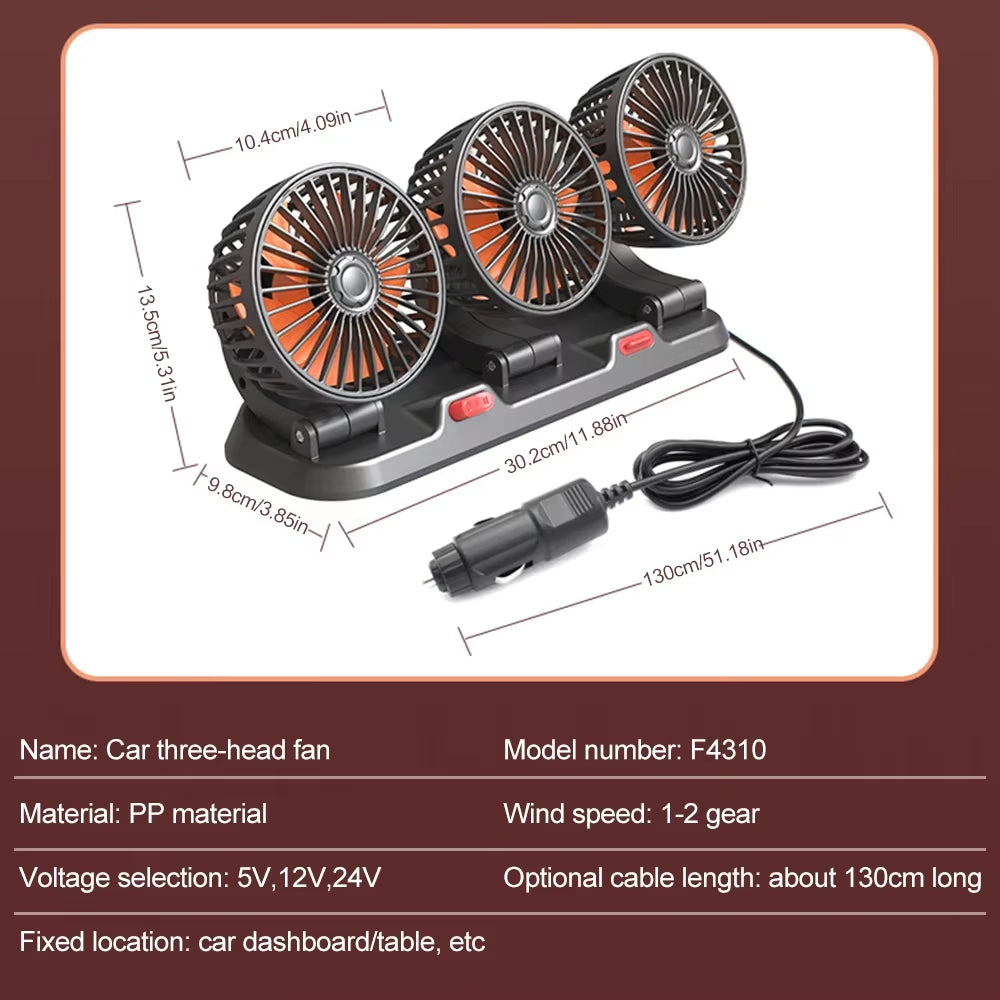 12V Automotive Fan Car Fan 24V 360° Adjustable 3 Head Air Fan (4/1Pcs)