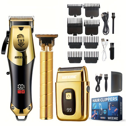 3pcs/set Professional Golden Hair Clipper And Trimmer Set For Men