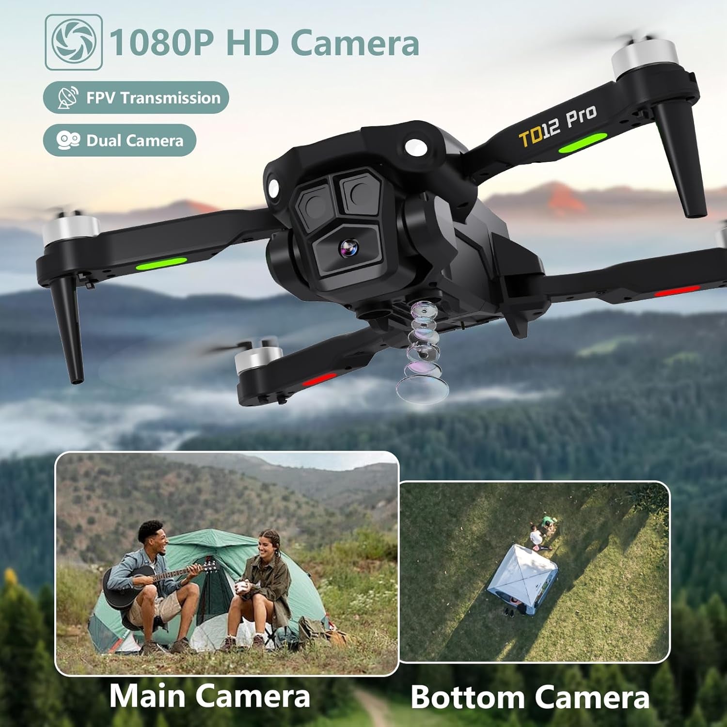 Drohne Mit Kamera 1080P, Drohne Mit Bürstenlosem Motor RC Quadcopter Für Anfänger Mit Dual-Kamera Faltbare Drohnen FPV Drohne Für Kinder Td12Pro Mini Drohne