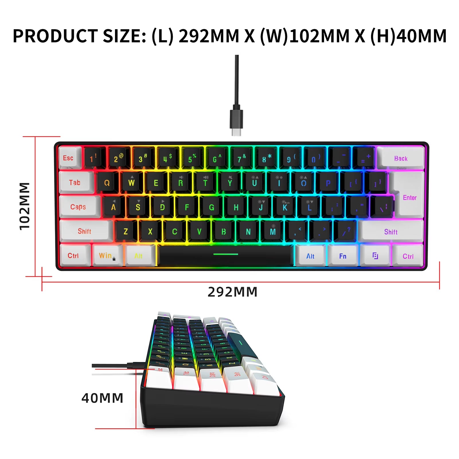 V700BW A869 USB Keyboard Mouse Kit 61-Key Wired RGB Backlight Computer Keyboard Colorful LED Lighting 3200DPI Gaming Mouse