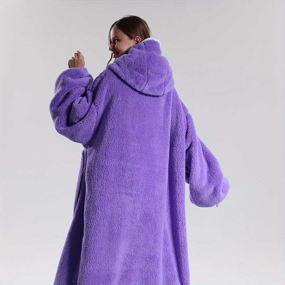 Cozy Reversible Hoodie Blanket with Apple Pocket - Ultra-Soft Polyester Knit