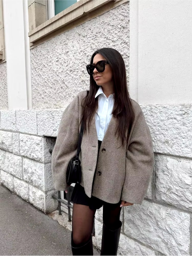 Women Vintage Blends Fit Blazer Coat Fashion Loose Double Breasted Long Sleeve Pockets Female Jackets Chic Lady Commuter Coats