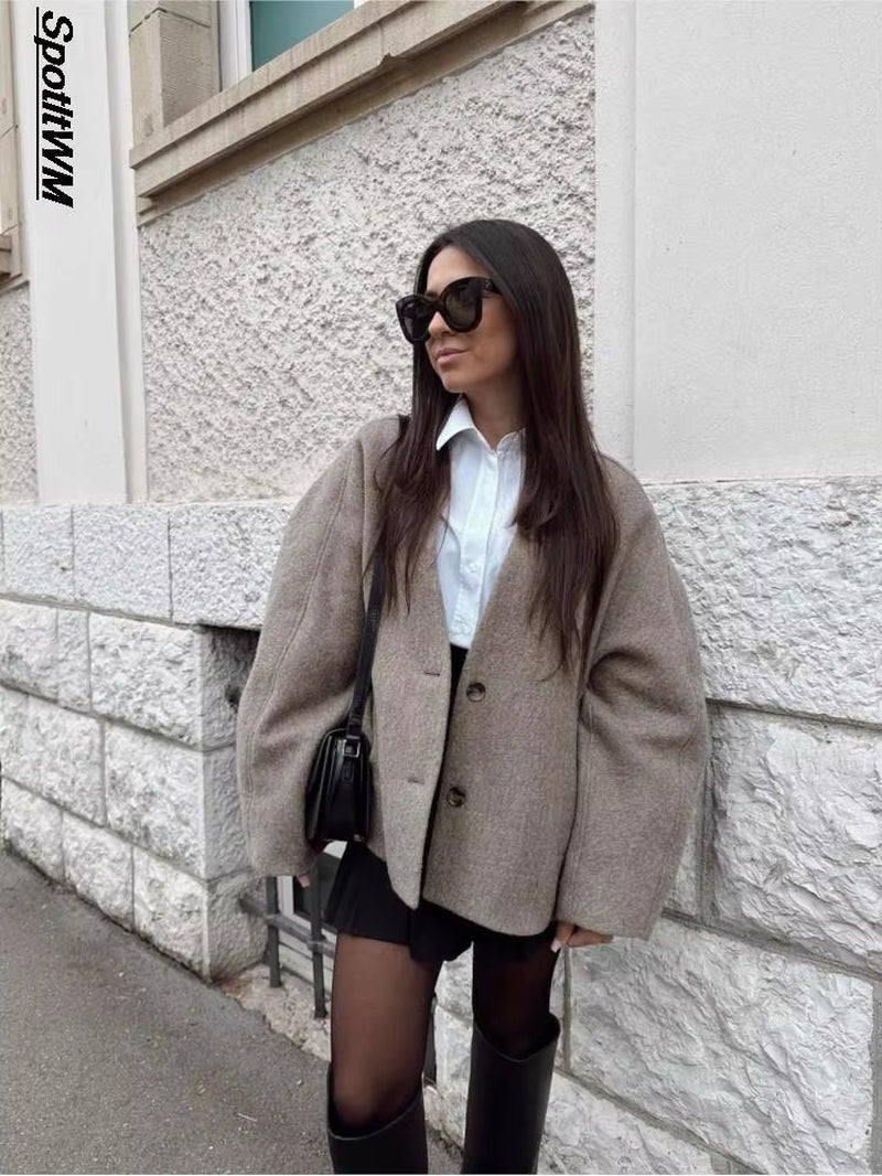 Women Vintage Blends Fit Blazer Coat Fashion Loose Double Breasted Long Sleeve Pockets Female Jackets Chic Lady Commuter Coats