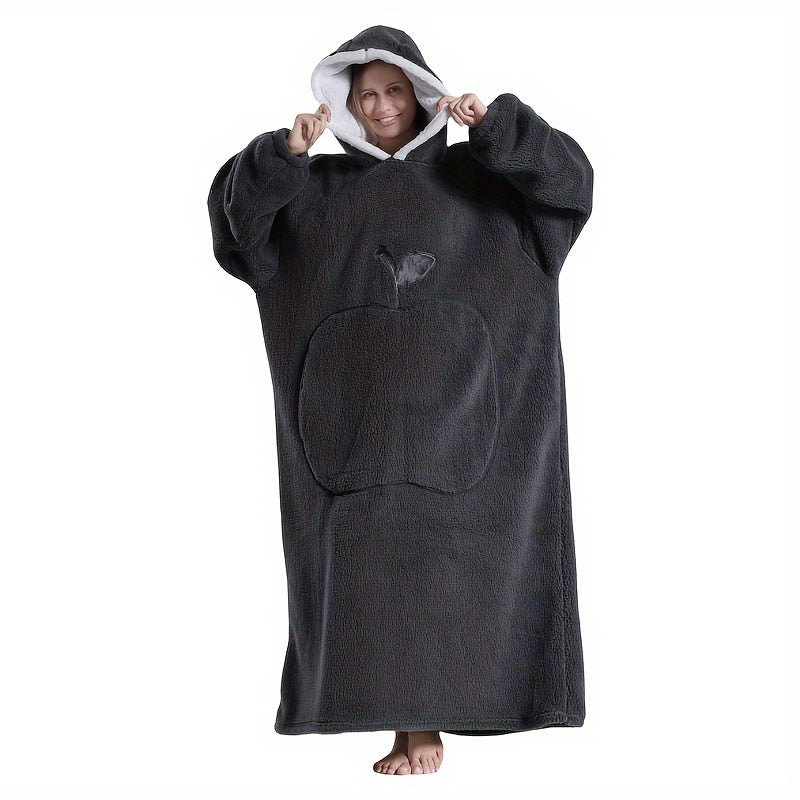 Cozy Reversible Hoodie Blanket with Apple Pocket - Ultra-Soft Polyester Knit