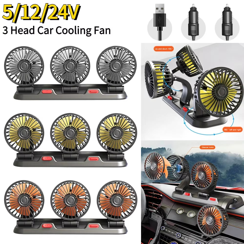 12V Automotive Fan Car Fan 24V 360° Adjustable 3 Head Air Fan (4/1Pcs)